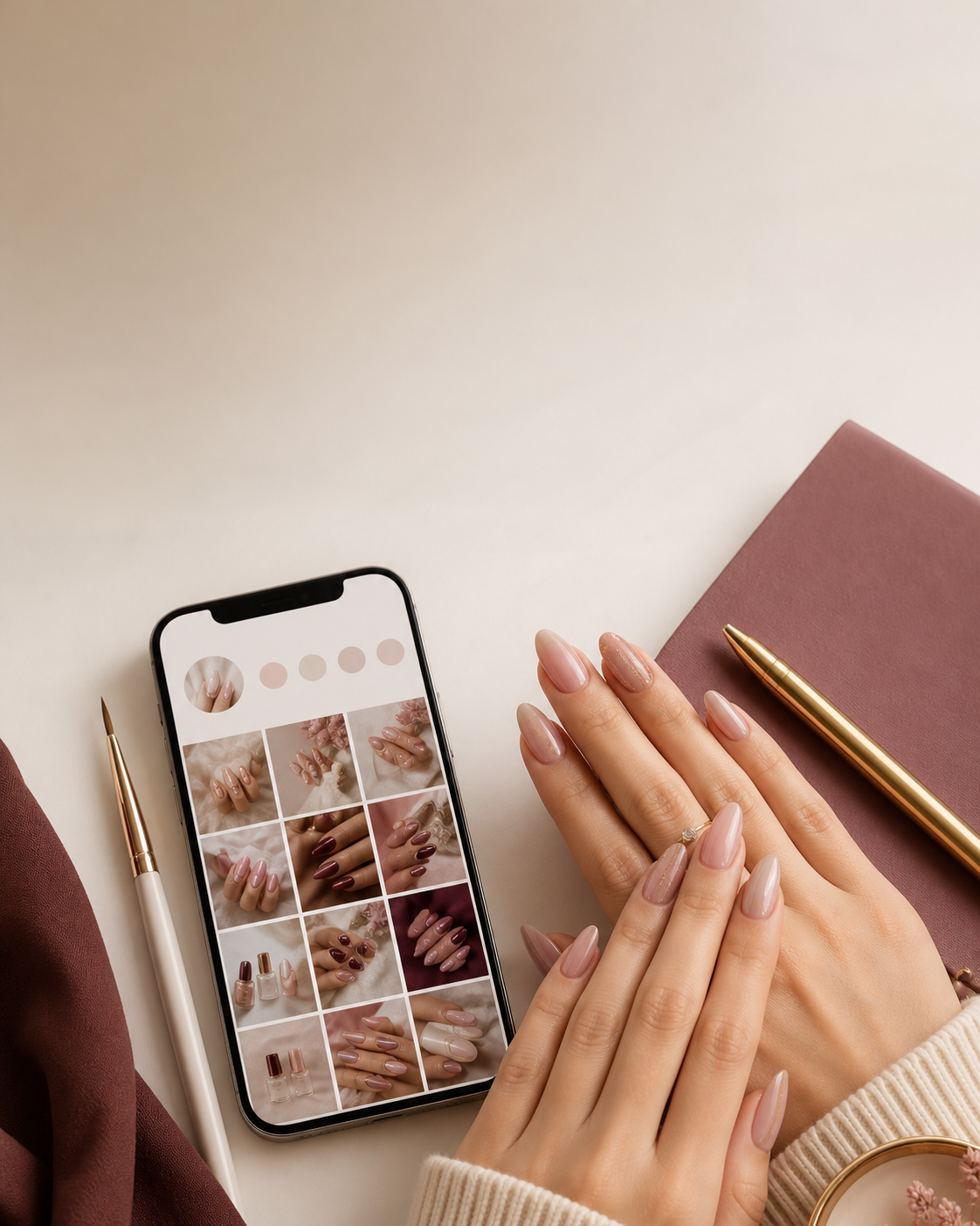 Smartphone com perfil de nail designer, unhas em gel e material de organização de conteúdo para Instagram