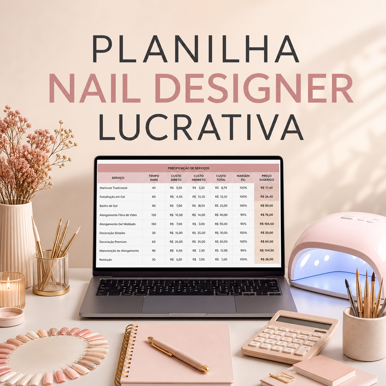 Capa da Planilha Nail Designer Lucrativa, com notebook, planilha de preços e materiais de nail designer